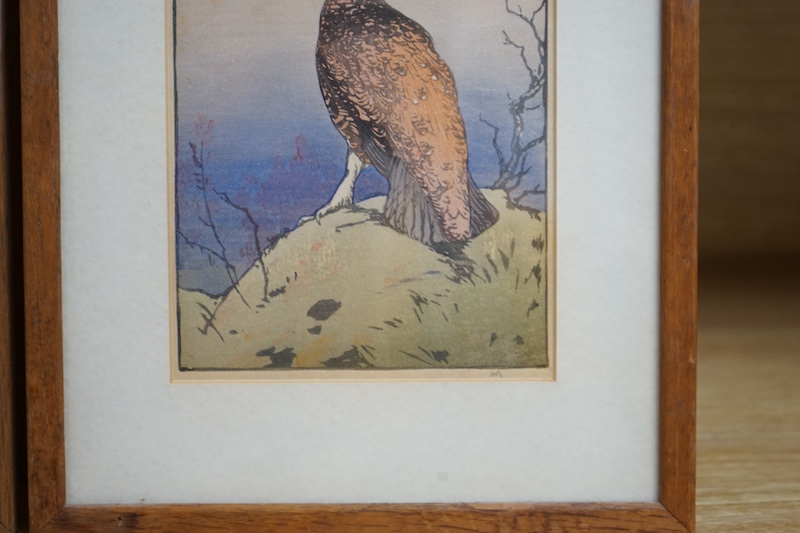 Allen W. Seaby (1867-1953), two woodcuts in colour, comprising Hare in snow and Red Grouse, each monogrammed in pencil, 19.5 x 12.5cm. Condition - some spots of foxing